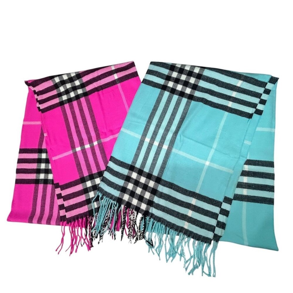Set of 2- Italy Design Scarf Blue‎ / Pink Cashmere Feel Plaid w/ Fringe Edge